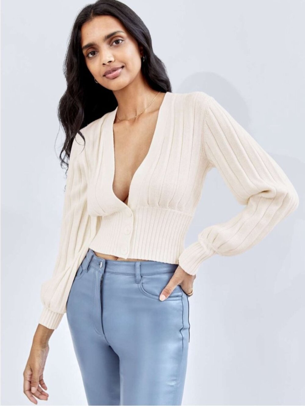 Aritzia Wilfred Plunge Front Cardigan In Oak Size XS Ribbed Merino Wool Cotton